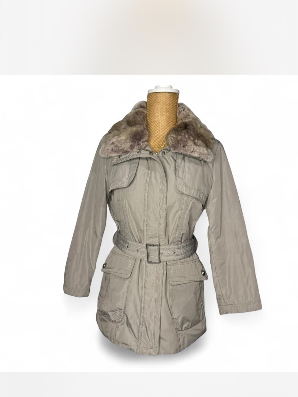Women's Taupe Belted Trench Coat with Faux Fur Collar